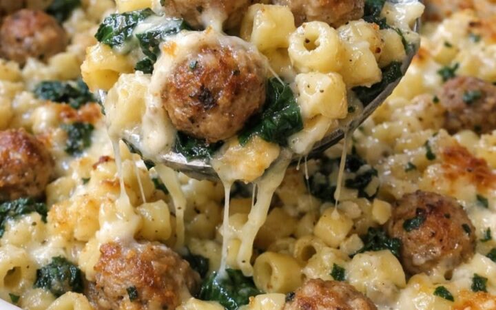 cheesy meatball spinach pasta bake