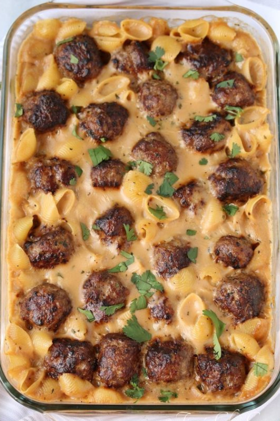 meatball mac and cheese casserole